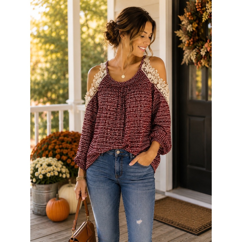 Soprano XS Burgundy Geometric Crochet Lace Cold Shoulder Blouse Boho Top
